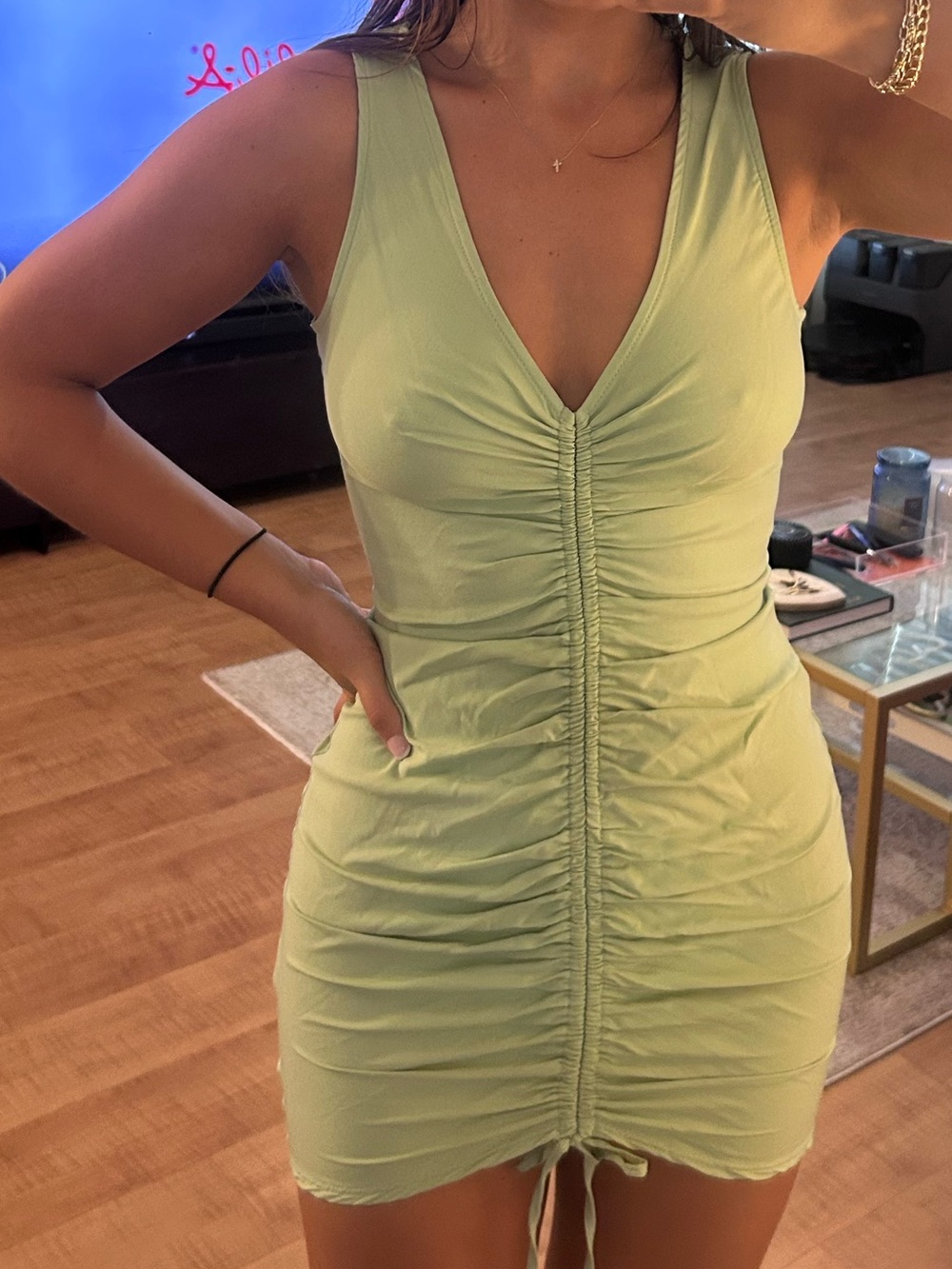 Green Sleeveless Ruched Dress